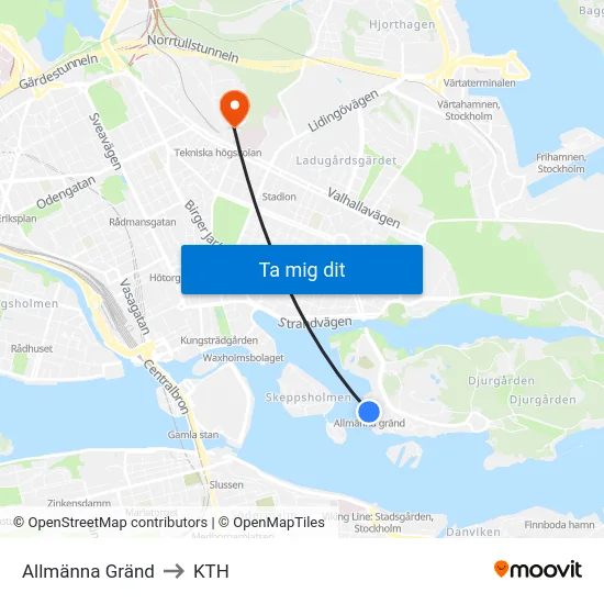 Allmänna Gränd to KTH map