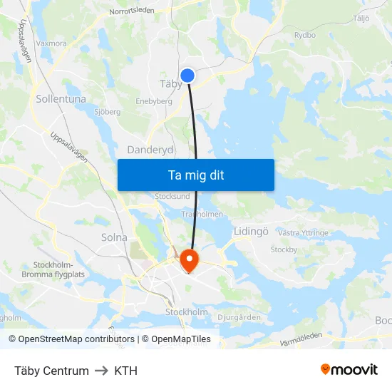 Täby Centrum to KTH map