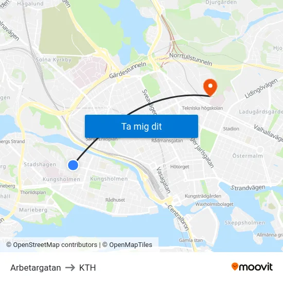 Arbetargatan to KTH map