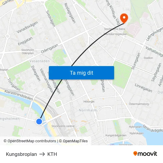 Kungsbroplan to KTH map