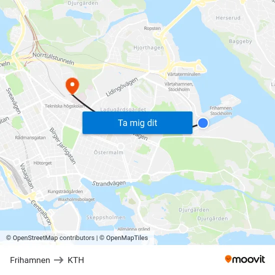 Frihamnen to KTH map