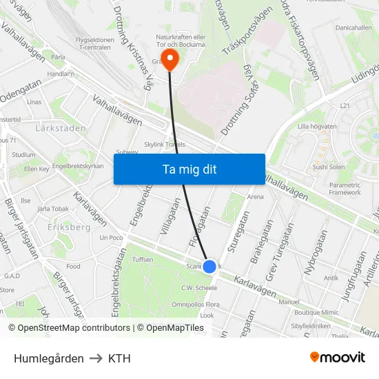 Humlegården to KTH map