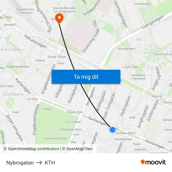 Nybrogatan to KTH map