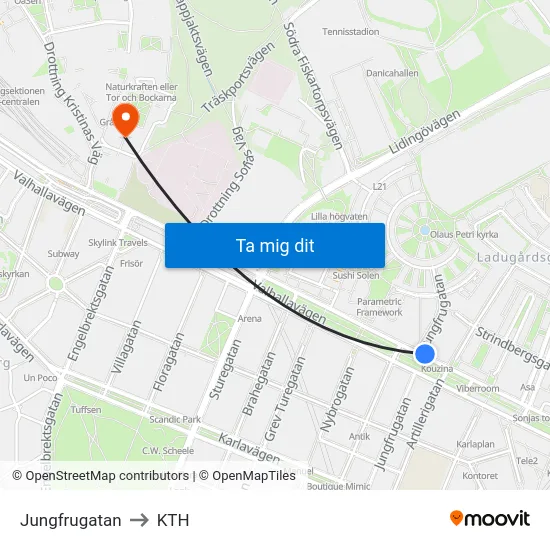 Jungfrugatan to KTH map