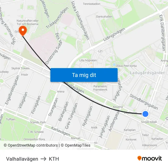 Valhallavägen to KTH map