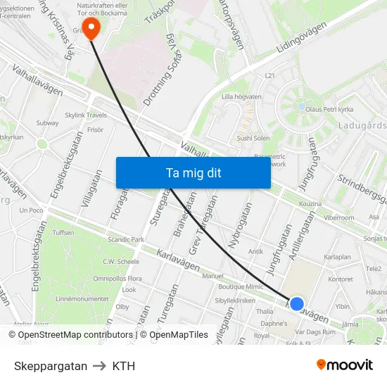 Skeppargatan to KTH map
