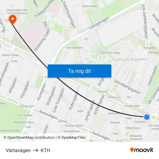 Värtavägen to KTH map
