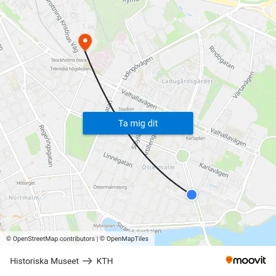 Historiska Museet to KTH map