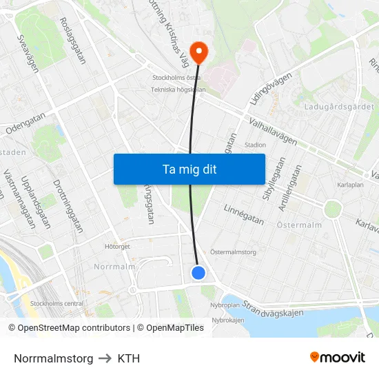 Norrmalmstorg to KTH map