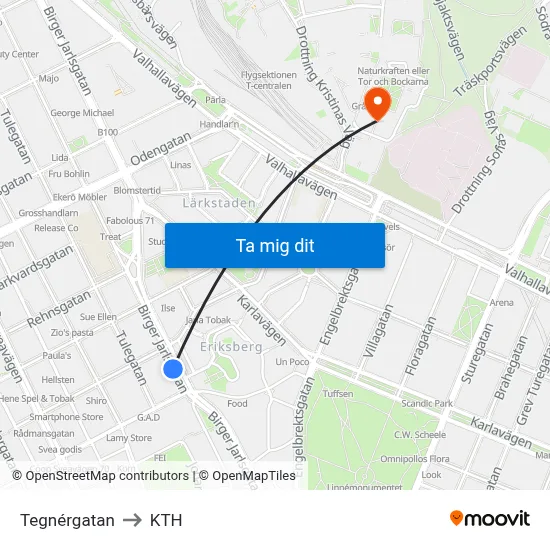 Tegnérgatan to KTH map