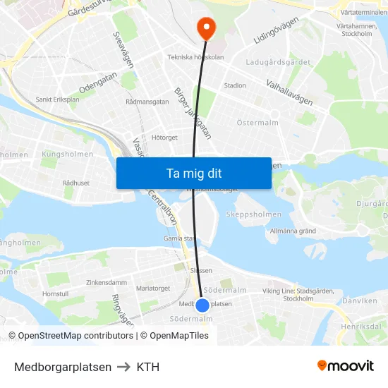 Medborgarplatsen to KTH map