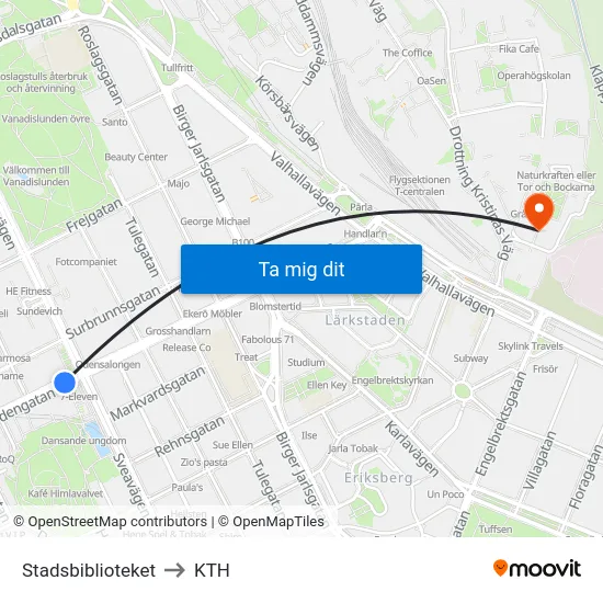 Stadsbiblioteket to KTH map