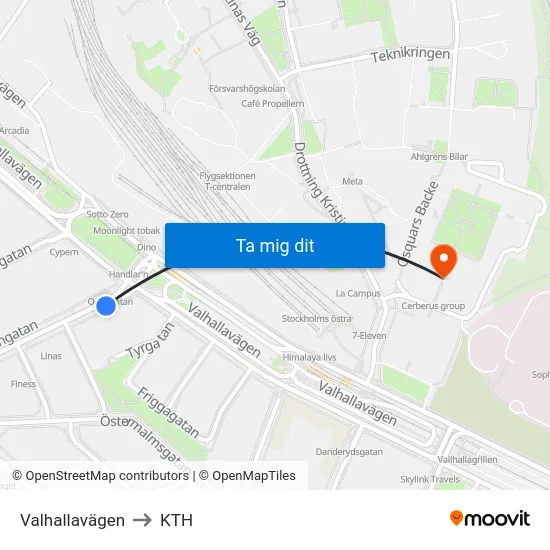Valhallavägen to KTH map