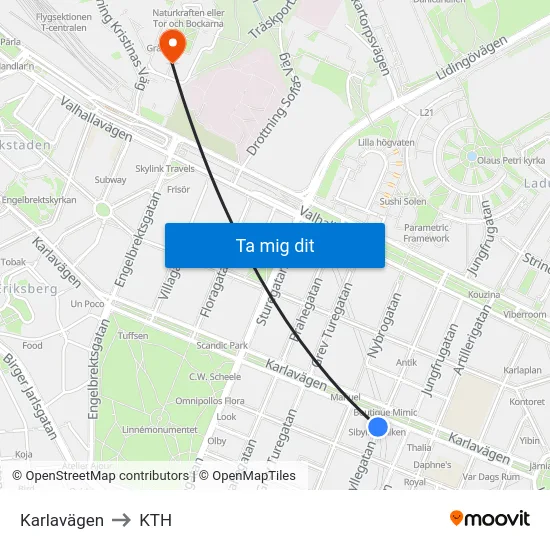 Karlavägen to KTH map