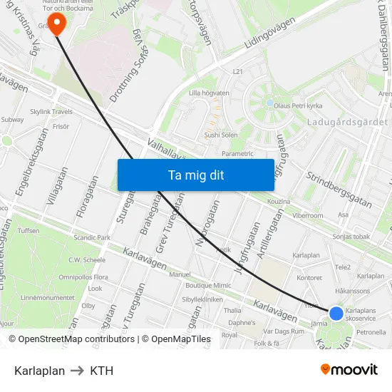 Karlaplan to KTH map
