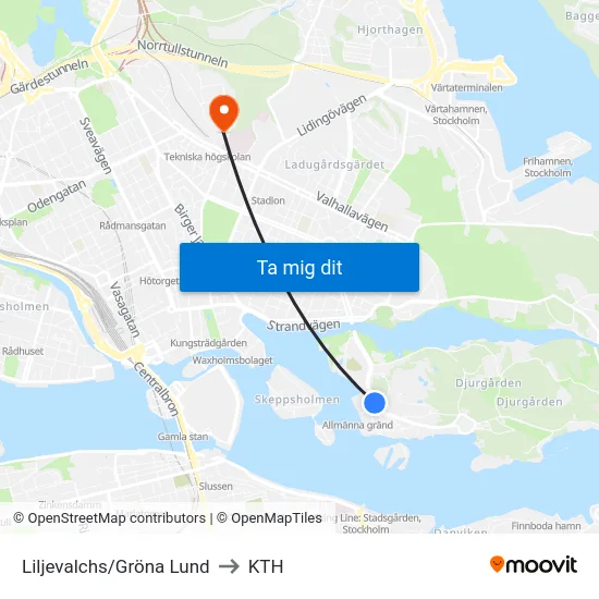 Liljevalchs/Gröna Lund to KTH map