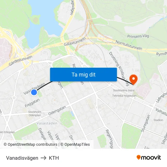 Vanadisvägen to KTH map