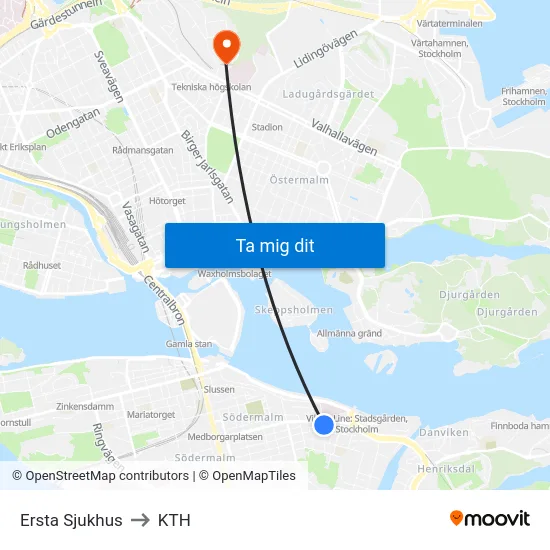 Ersta Sjukhus to KTH map