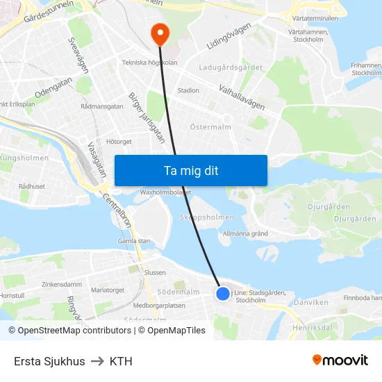 Ersta Sjukhus to KTH map