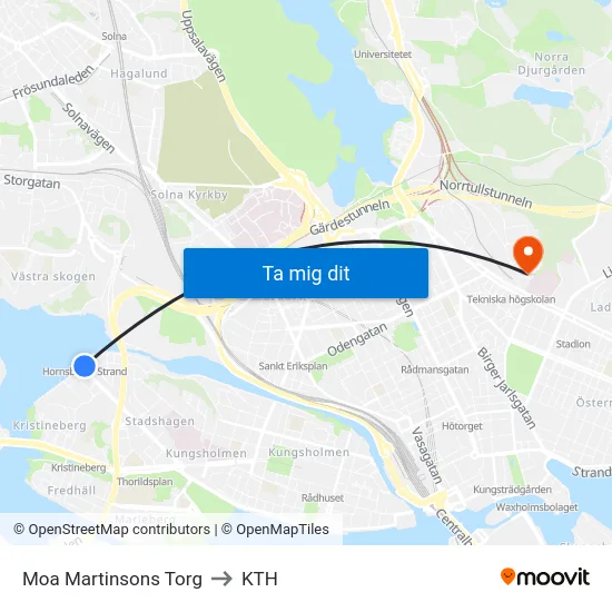 Moa Martinsons Torg to KTH map
