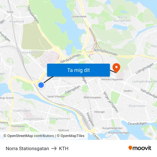 Norra Stationsgatan to KTH map