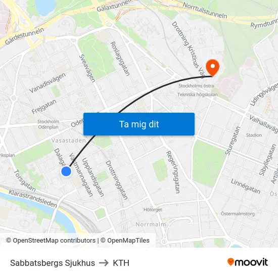 Sabbatsbergs Sjukhus to KTH map