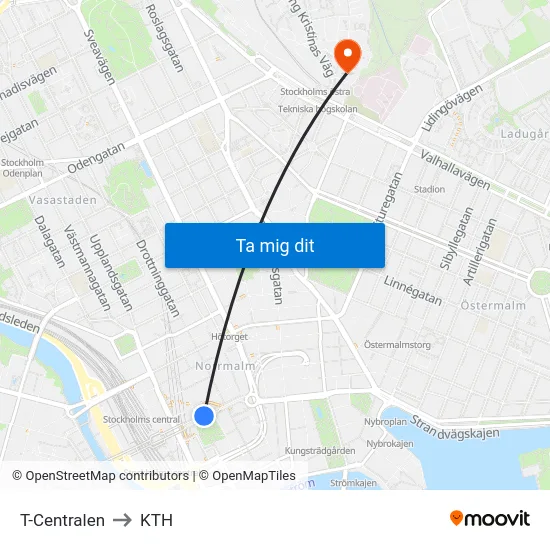 T-Centralen to KTH map