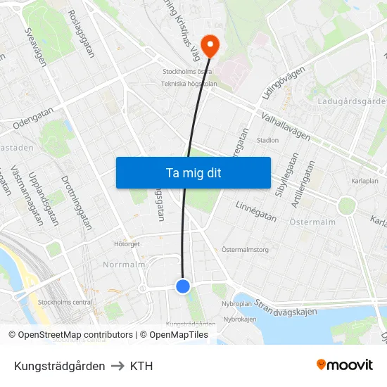 Kungsträdgården to KTH map