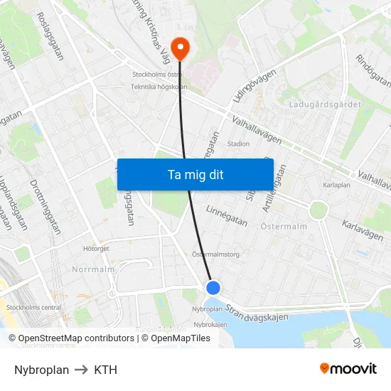 Nybroplan to KTH map