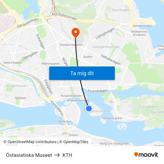 Östasiatiska Museet to KTH map