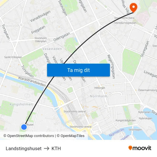 Landstingshuset to KTH map