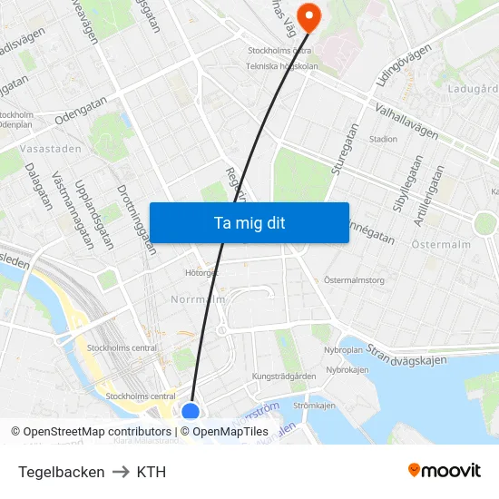 Tegelbacken to KTH map
