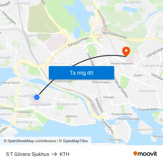S:T Görans Sjukhus to KTH map
