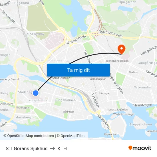 S:T Görans Sjukhus to KTH map