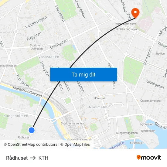 Rådhuset to KTH map