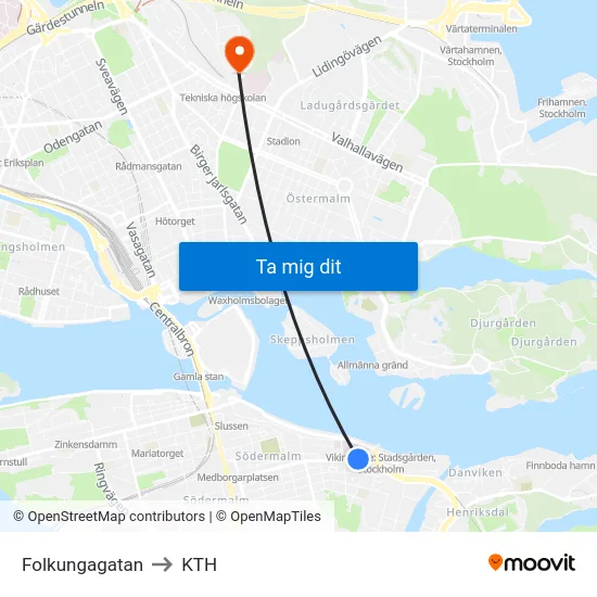 Folkungagatan to KTH map