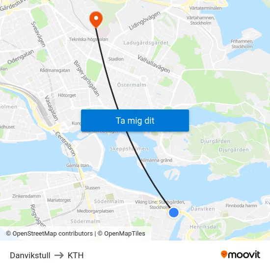 Danvikstull to KTH map