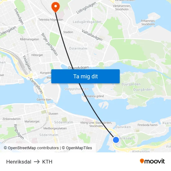 Henriksdal to KTH map