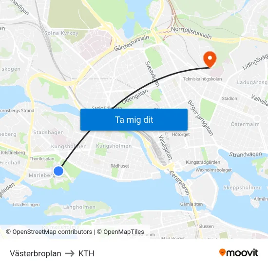 Västerbroplan to KTH map