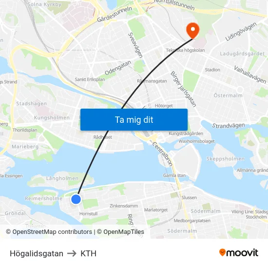Högalidsgatan to KTH map