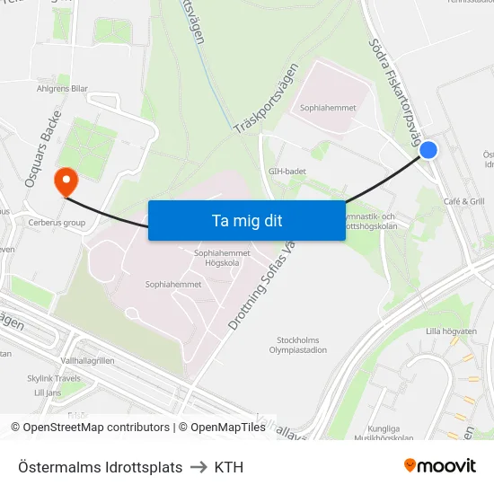Östermalms Idrottsplats to KTH map