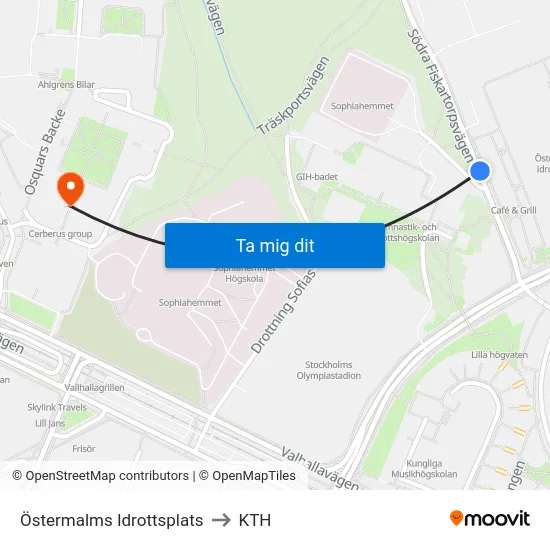 Östermalms Idrottsplats to KTH map