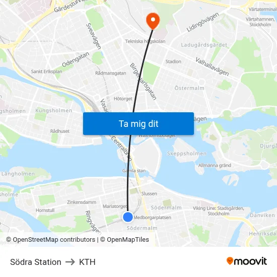 Södra Station to KTH map