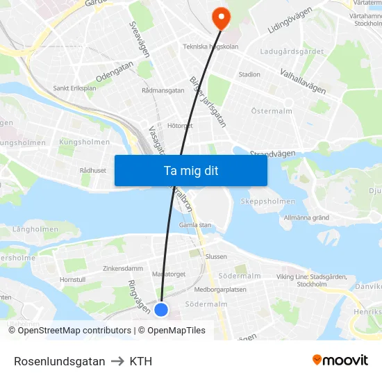 Rosenlundsgatan to KTH map