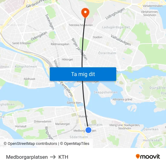 Medborgarplatsen to KTH map