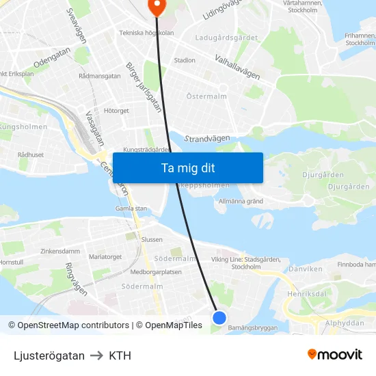 Ljusterögatan to KTH map