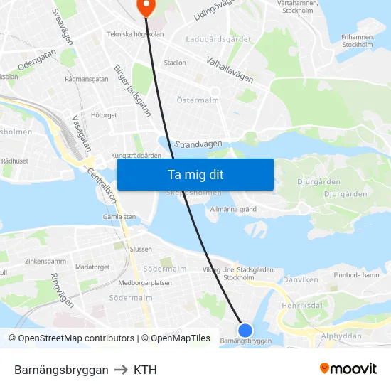 Barnängsbryggan to KTH map