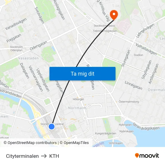 Cityterminalen to KTH map