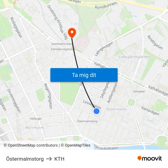 Östermalmstorg to KTH map