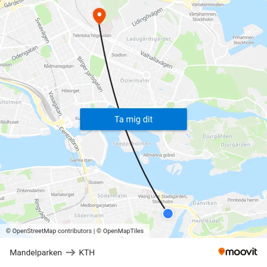 Mandelparken to KTH map